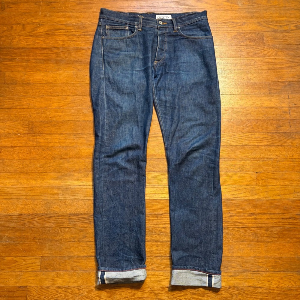 Gustin California Slim Fit Raw Selvedge Denim Jeans Size 33 Indigo Made in USA